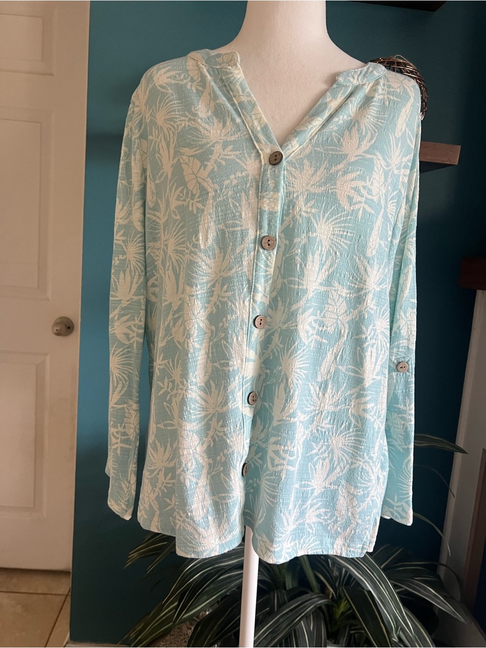 🌸Wallpapher Light Blue Leaf Print Button-Down Shirt